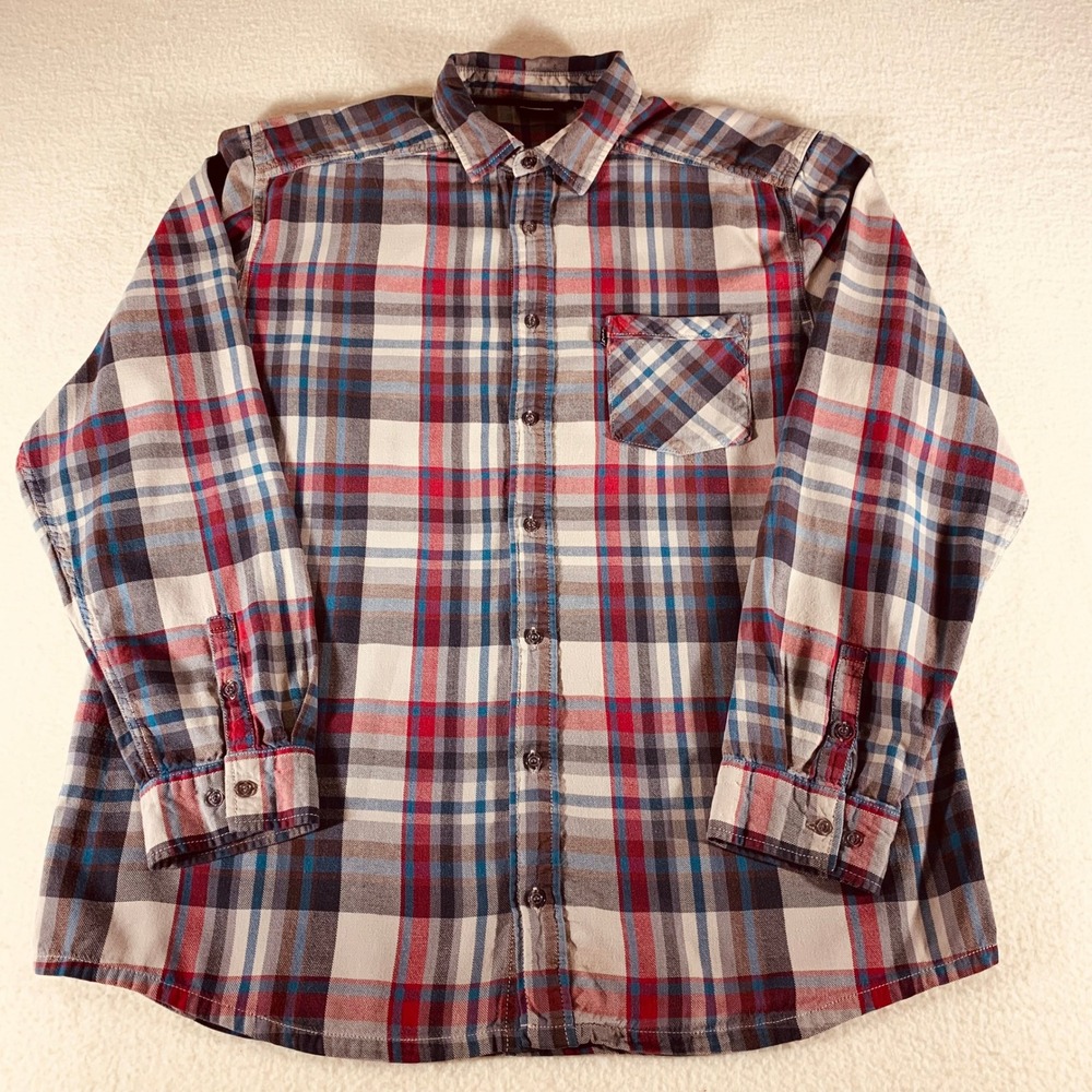 Kavu Mens XL Plaid Flannel Button Down Shirt Red Blue Cotton Long Sleeve Pocket